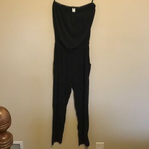 Dark grey strapless jumpsuit with pockets